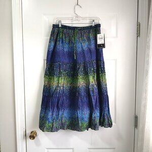 Jane Ashley NWT Tiered 100% Cotton Maxi Skirt Blue Green Yellow Petite Medium